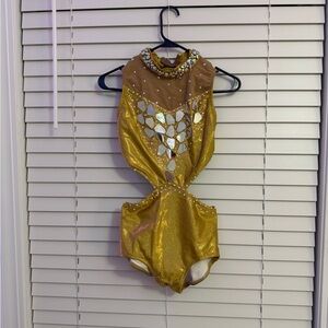Custom Gold Rhinestone Dance Costume w/ Mirrors + Wristbands